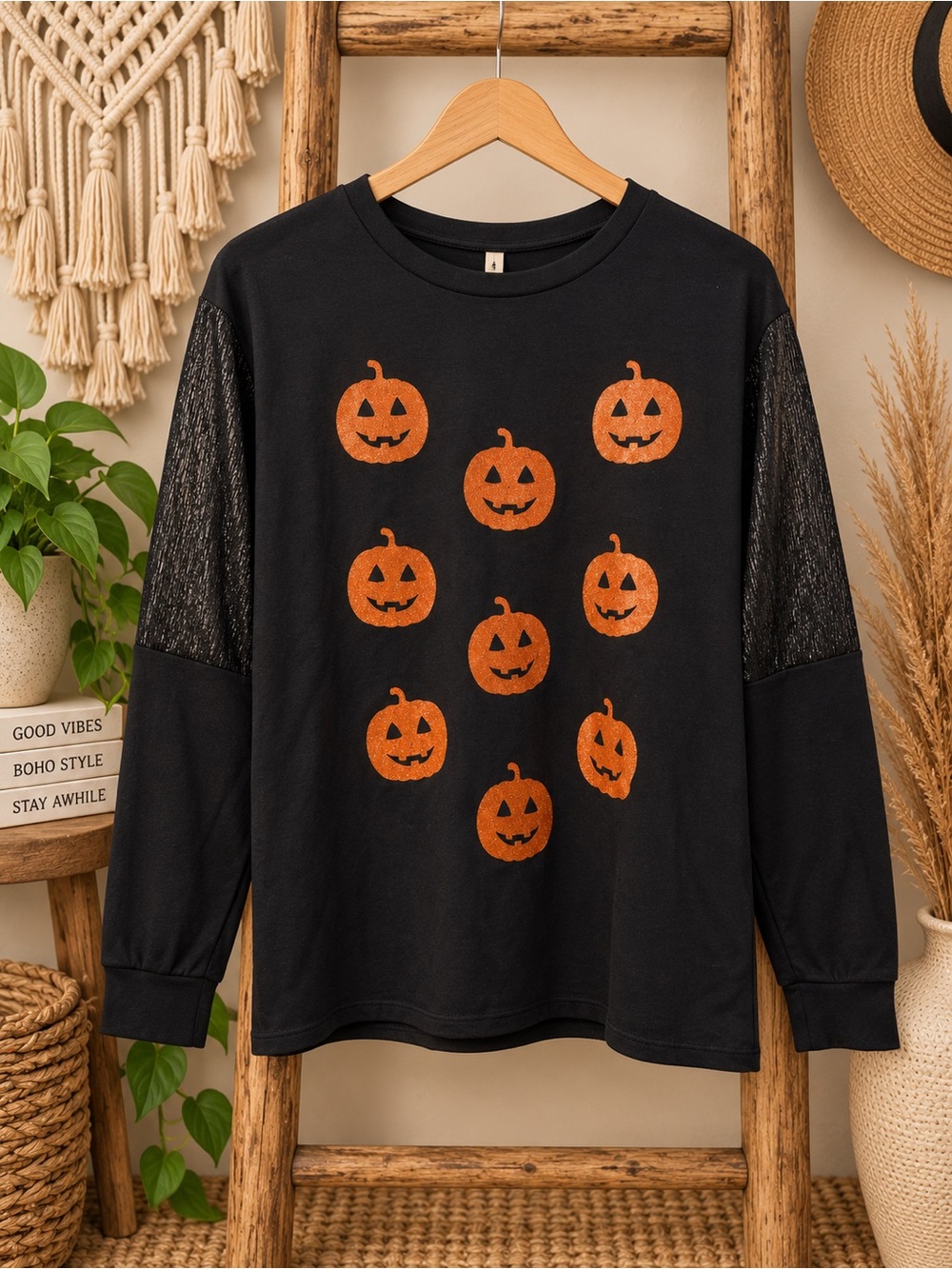 Women's Black Halloween Pumpkin Graphic Pullover Sweatshirt
